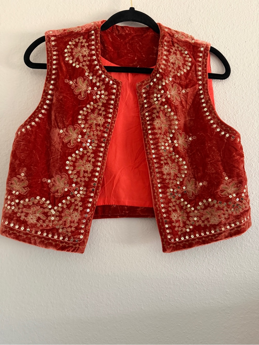 Velvet Embroidered Sequin Vest Red Orange Boxy Boho Western